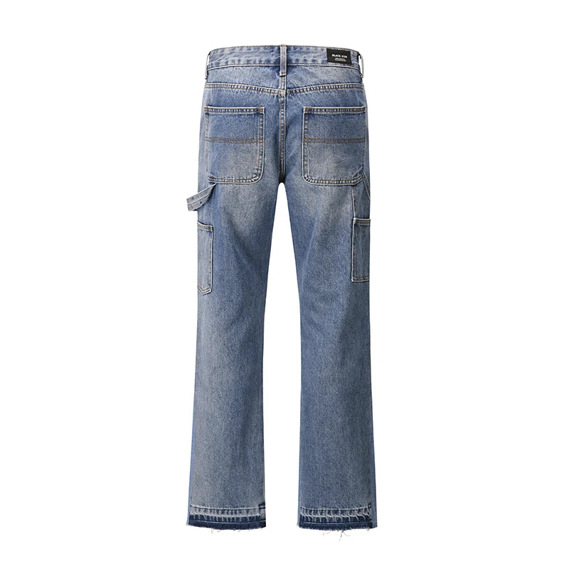 high street patchwork ripped black jeans pants for men straight retro casual sashes pockets denim trousers oversized loose jean unique jeans style 2826