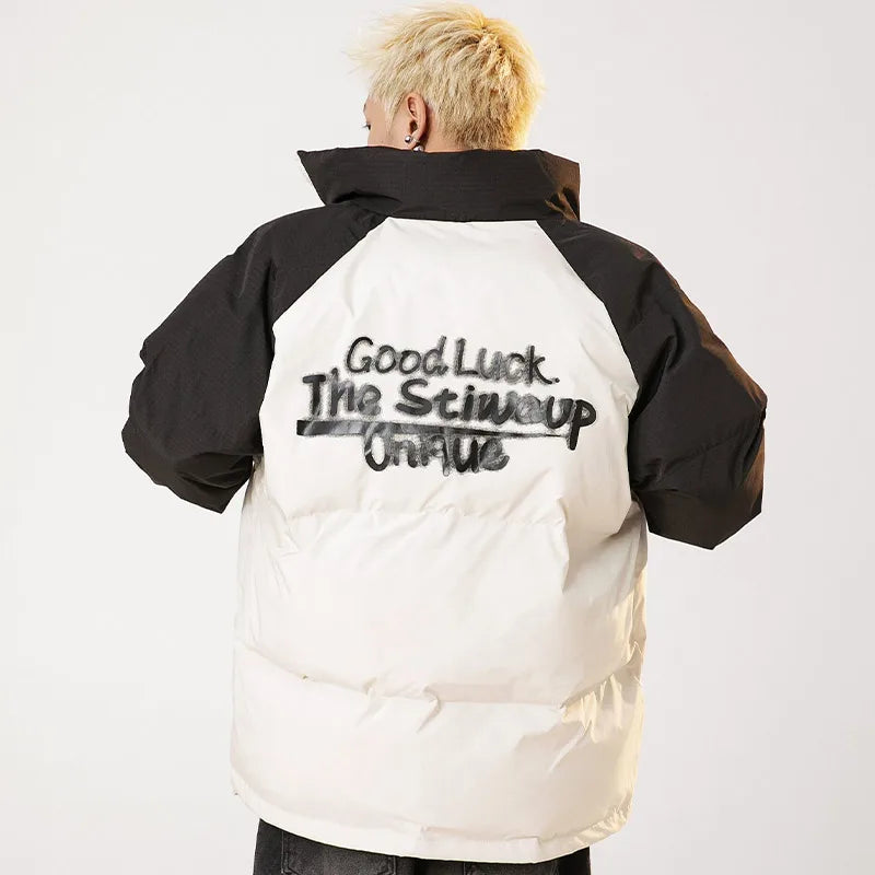 Men Down Jackets Letter Printed Stitching Stand Collar Cotton Coat American Retro Raglan Sleeve Warm Casual Puffer Unisex Street King Limited