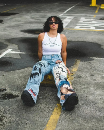 harajuku high street y2k baggy jeans punk popular print wide leg denim pants jeans streetwear trouser men clothing unique jeans style 1989