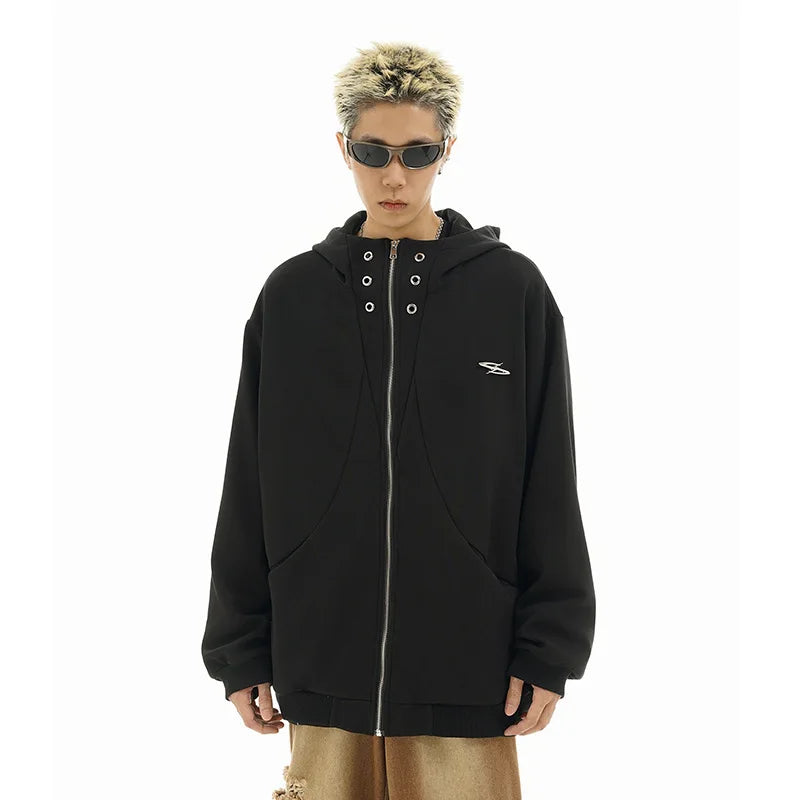 high street men structure line high collar hoodie jacket autumn winter rascal handsome versatile casual zipper coat unisex minimalist street pants