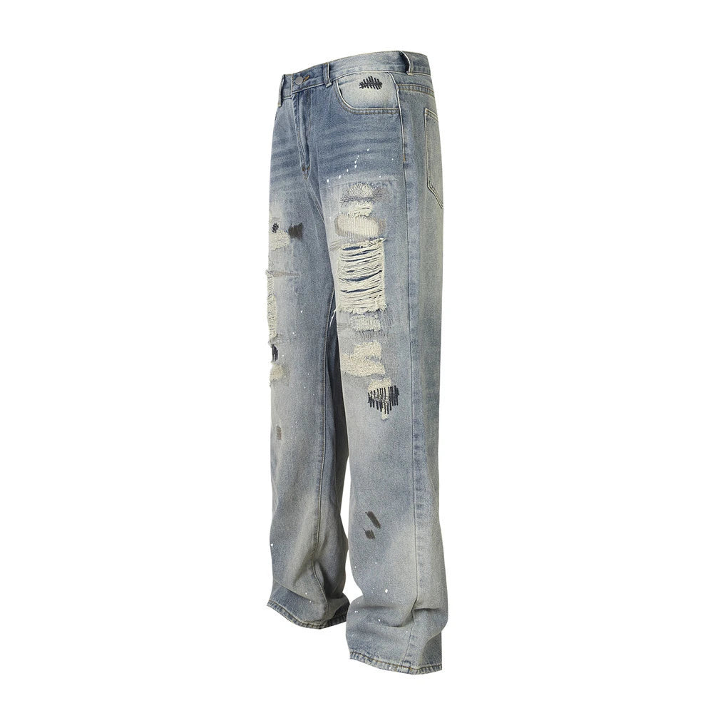 mens fashion ripped jeans blue straight baggy jeans trousers luxury loose casual distressed denim pants male 1 unique jeans style 4442