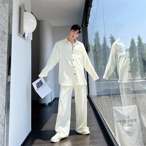 men silk style streetwear fashion loose casual long sleeve shirts pants 2 pieces sets male vintage suits blouses trousers unique default style 2758