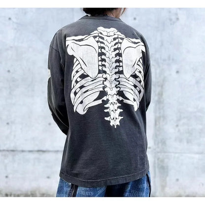 Vintage Retro Summer Skeleton round neck printed loose retro Sweater washed worn Pullover High-Street Long Sleeve Tee Street King Limited