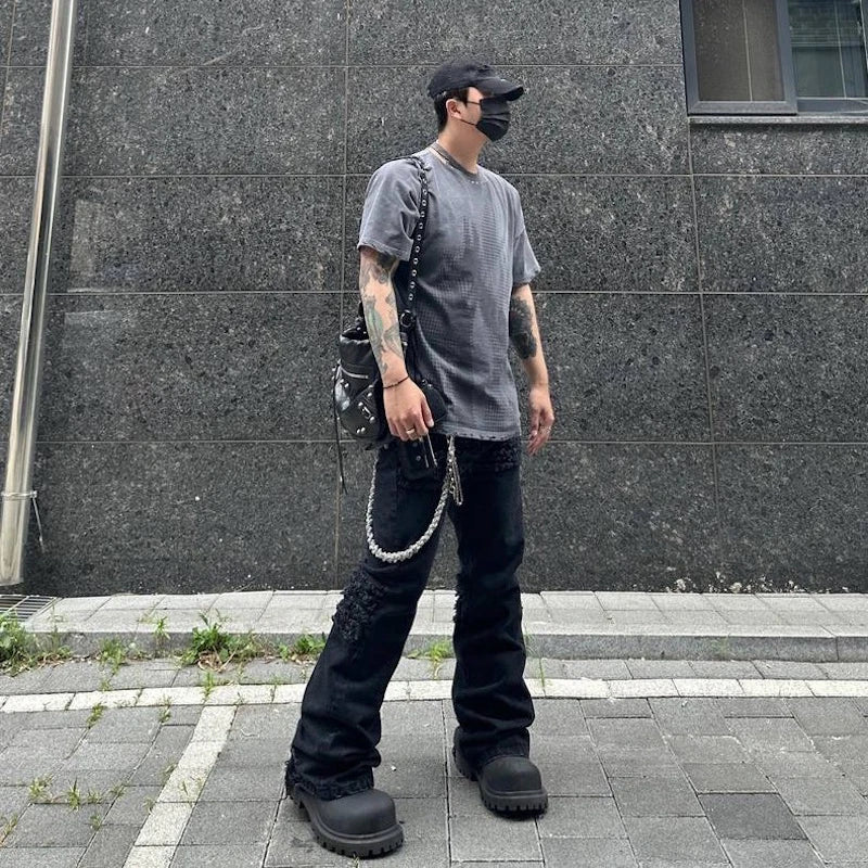 y2k streetwear trendy oversized micro flare jeans black ro hip hop washed tassel distressed denim jean raw edge mens wide pants vintage washed jeans