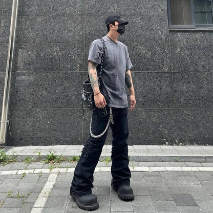 y2k streetwear trendy oversized micro flare jeans black ro hip hop washed tassel distressed denim jean raw edge mens wide pants vintage washed jeans