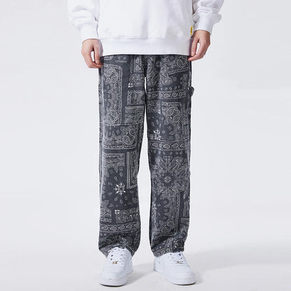 mens hip hop straight denim jeans pants fashion zipper paisley jeans streetwear casual loose trousers pants joggers baggy jeans relaxed fit joggers