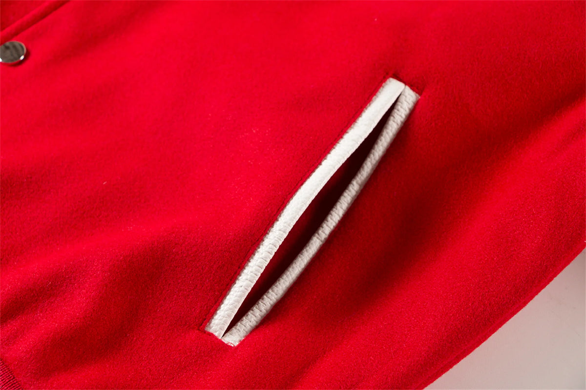 2024 hotselling high street pearl red hot stamping splicing checkered leather sleeves baseball jacket coat unique default style 150