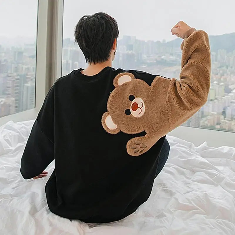 Long-sleeved Round Neck Sweater Lamb Hair Embroidery Flocking Sweater Loose Warm Winter Men's Bear Street King Limited
