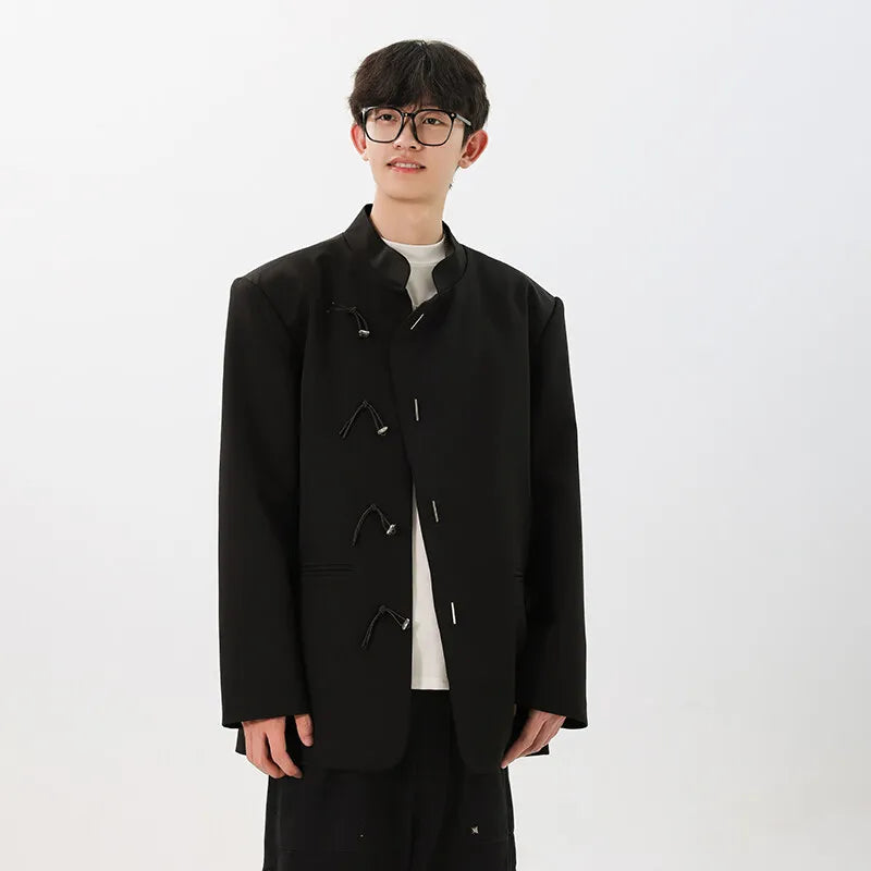 men fashion streetwear vintage stand collar loose casual black suit blazer jacket couple spring autumn coat outerwear minimalist street pants