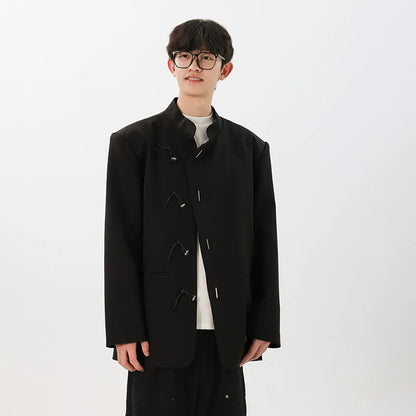 men fashion streetwear vintage stand collar loose casual black suit blazer jacket couple spring autumn coat outerwear minimalist street pants