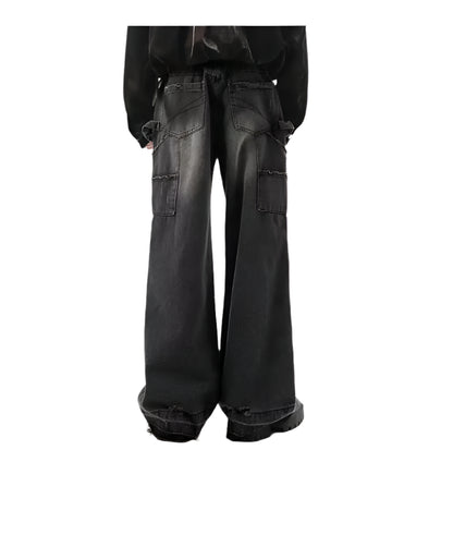 Vintage High Street Jeans Men Women Distressed Patch Design Wide Leg Pants American Style Straight Baggy Korean Trousers Spring Street King Limited