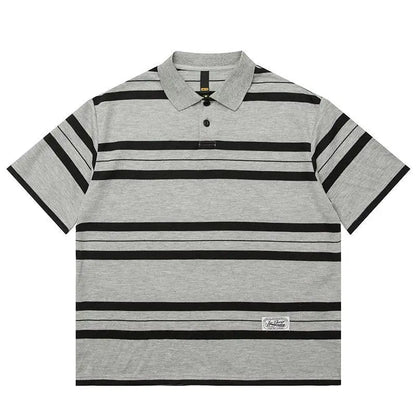 Summer Korean Personalized Men's Retro POLO Shirt Gray and Black Striped Breathable Men's Women's Y2K Summer Half-sleeved Top Street King Limited
