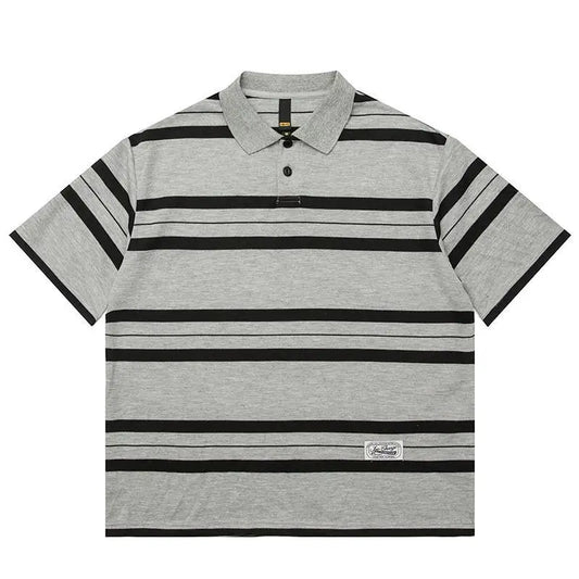 Summer Korean Personalized Men's Retro POLO Shirt Gray and Black Striped Breathable Men's Women's Y2K Summer Half-sleeved Top Street King Limited