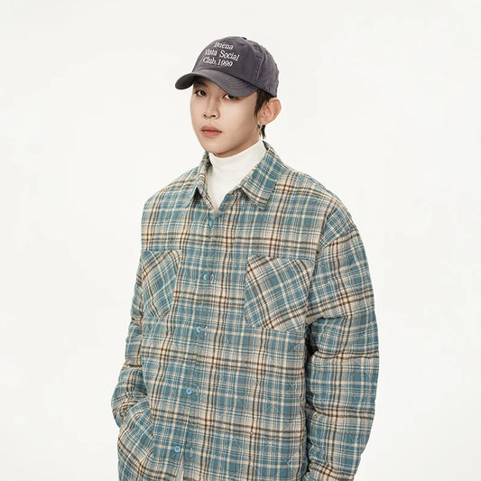 Autumn Winter Men Streetwear Fashion Loose Casual Oversize Plaid Cotton-padded Shirt Style Parkas Jacket Campus Couple Coat Street King Limited