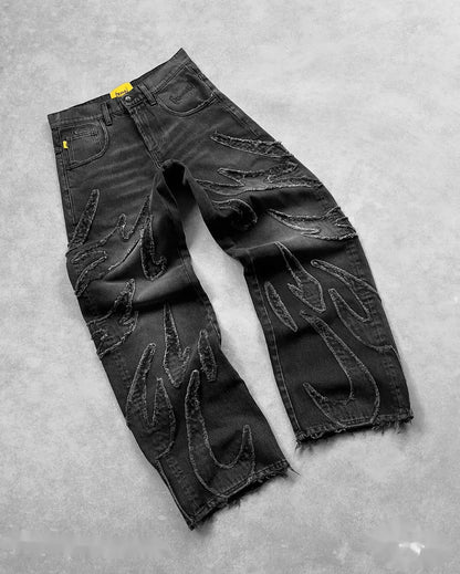 hip hop y2k retro black baggy jeans for men punk raw edge embroidery jeans vintage pattern patchwork high waisted denim pants unique jeans style 869