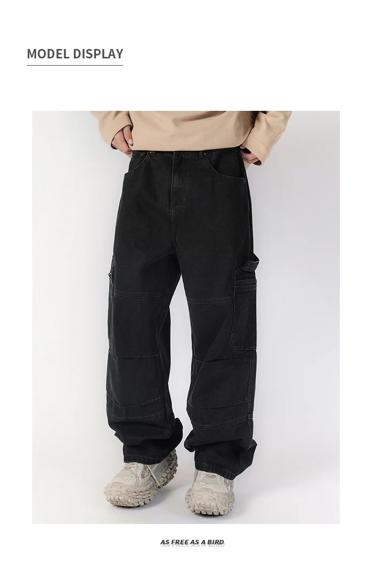 men american streetwear fashion loose casual hip hop wide leg black denim baggy jeans pants man y2k cargo jeans trousers unique cargo style 2226