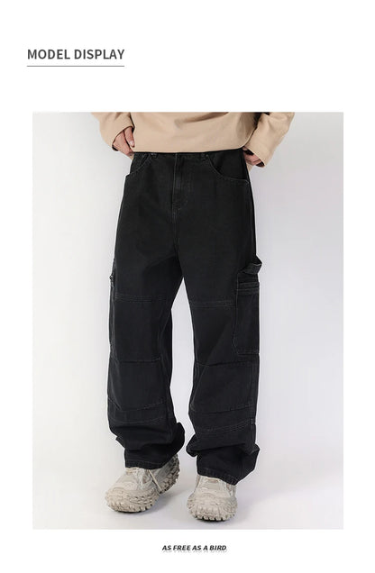 men american streetwear fashion loose casual hip hop wide leg black denim baggy jeans pants man y2k cargo jeans trousers unique cargo style 2226