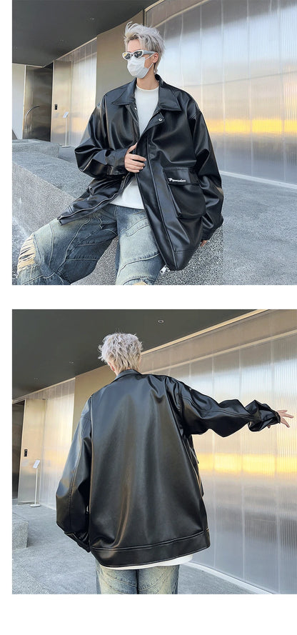 autumn motorcycle pu jacket coat for men leisure trendy workwear jacket niche ruffian handsome double neckline design jacket unique default style 5941