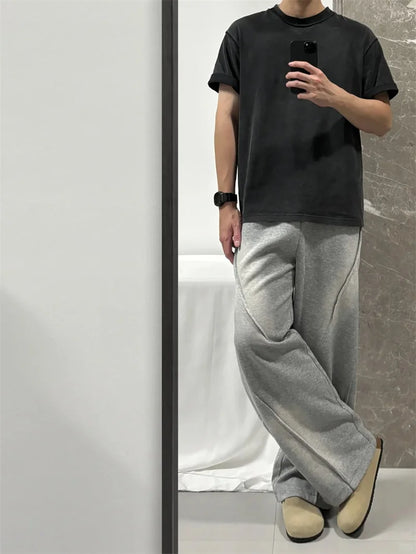 autumn mens high street pleated straight pants korean fashion elastic waist pockets trousers y2k vintage pantalones hombre unique default style 729