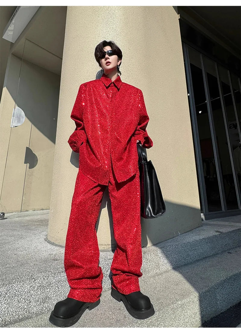 mens sequin 2 piece sets loose casual long sleeve shirt pant stage fashion party show clothing dress shirts trousers costumes unique default style 2770