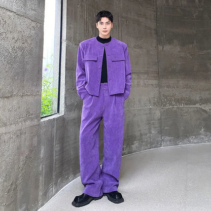 men 2 pieces sets corduroy short jacket wide leg pant suits korean streetwear fashion loose casual retro coat baggy trousers unique shorts style 2705