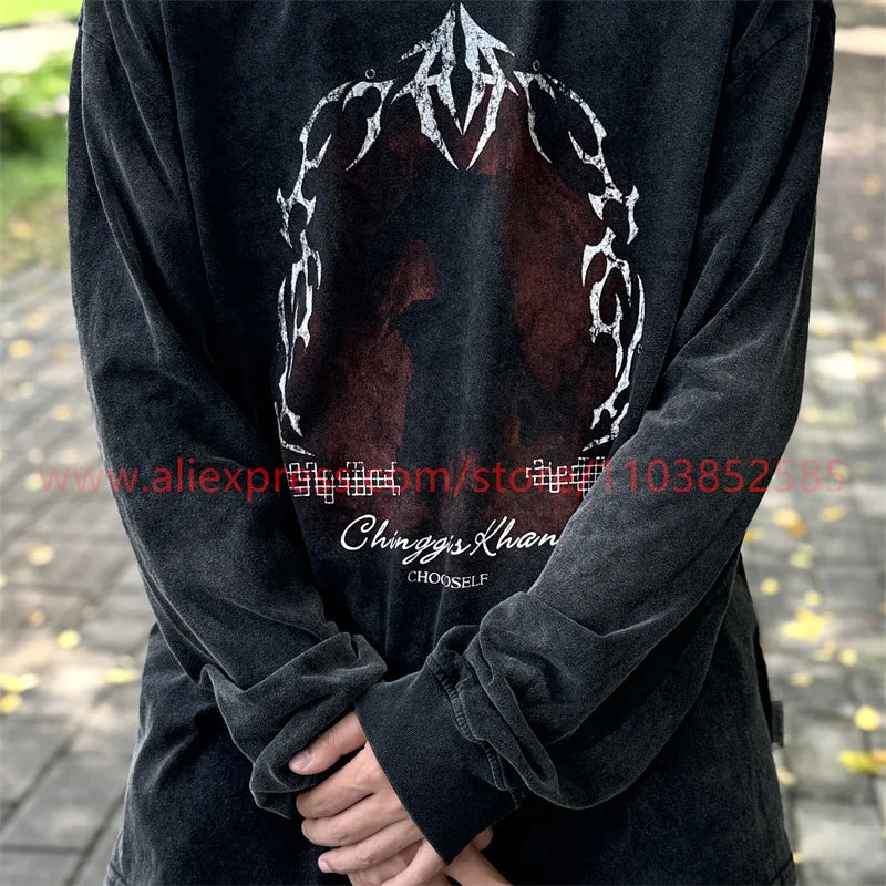 Autumn Vintage Long Sleeve T-shirt Heavy American West Coast Street Graffiti Hip Hop Style High Street Oversize Printed Washed Street King Limited