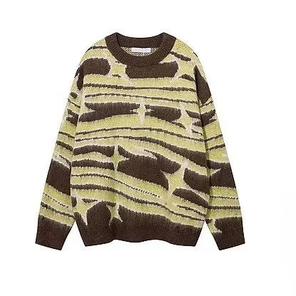 japanese hip hop sweater set men contrast zebra pattern round neck knit top splicing distressed loose jeans 2 pcs harajuku suit unique jeans style 3962