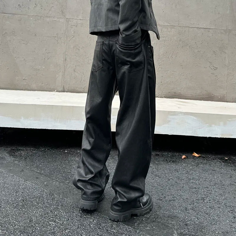 men streetwear fashion hip hop loose casual wide leg leather baggy motorcycle pant cityboy cargo pants trousers baggy cargo bottoms