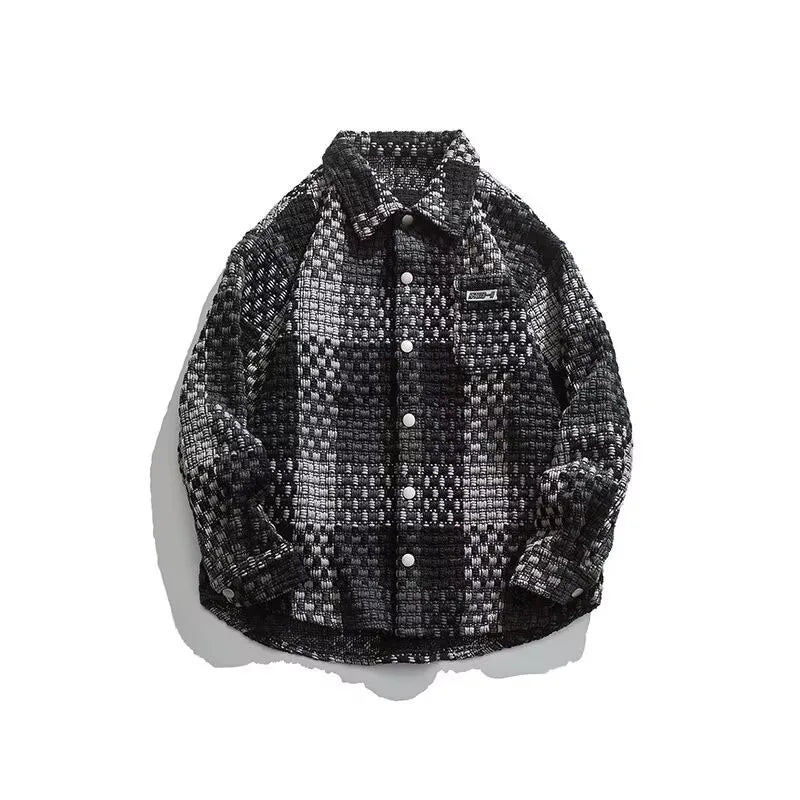 high street lattice mens jackets woven fabric single breasted loose harajuku shirt coats letter embroidered casual male tops unique default style 1833