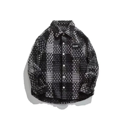 high street lattice mens jackets woven fabric single breasted loose harajuku shirt coats letter embroidered casual male tops unique default style 1833