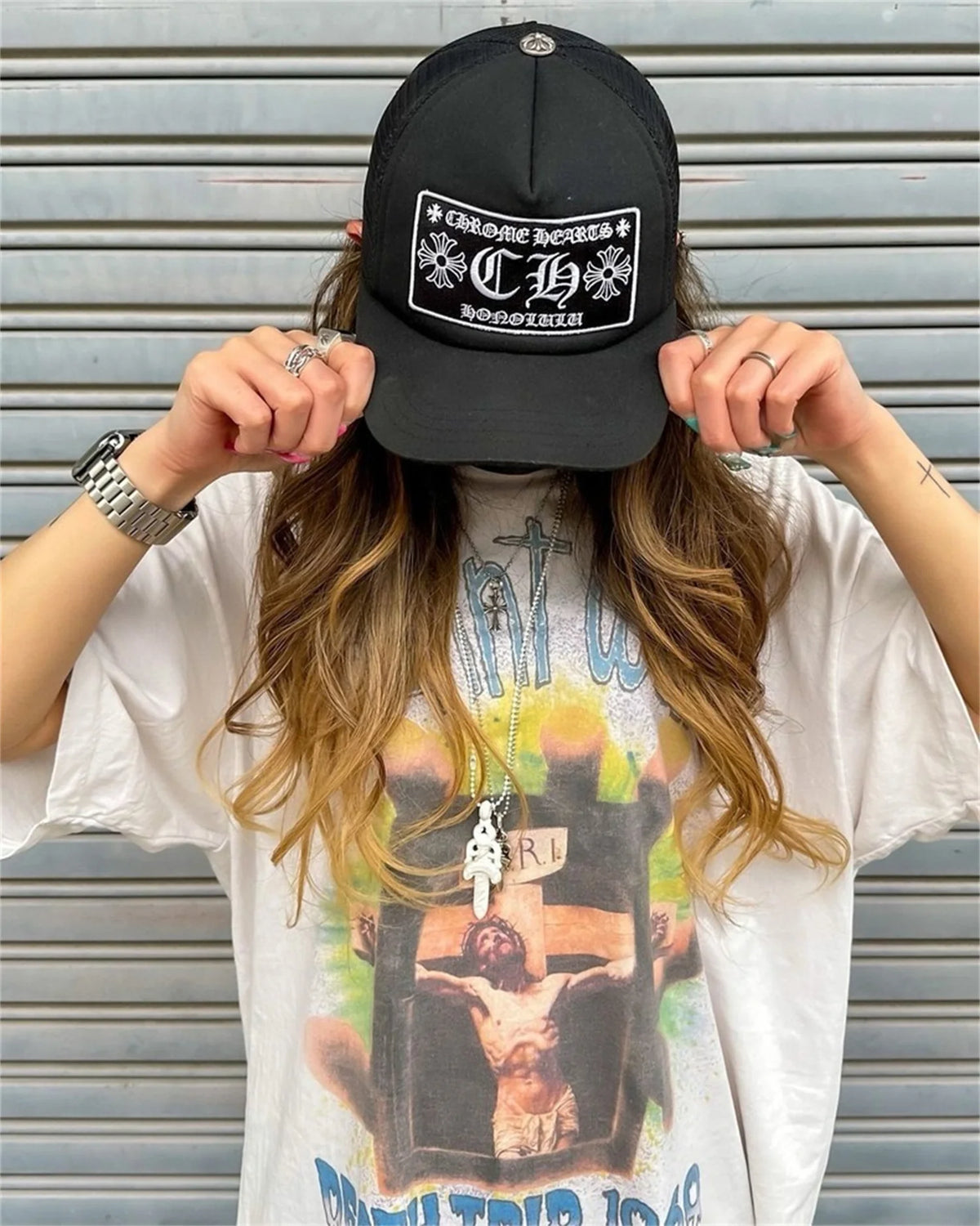 24SS New Vintage Retro Cross Printing Washed Distressed Short Sleeves T-Shirt Tops Street King Limited