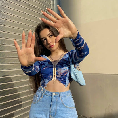 Spring Aesthetic Vintage Blue Tie Dye Elastic Slim Sexy Crop Tops Long Sleeve Hollow V-neck Woman Tshirts Streetwear Hot Girl Street King Limited