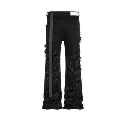 ro ribbons tassel high elasticity black jeans for men pantalones hombre straight baggy flare pnats oversized y2k denim trousers unique jeans style 3706