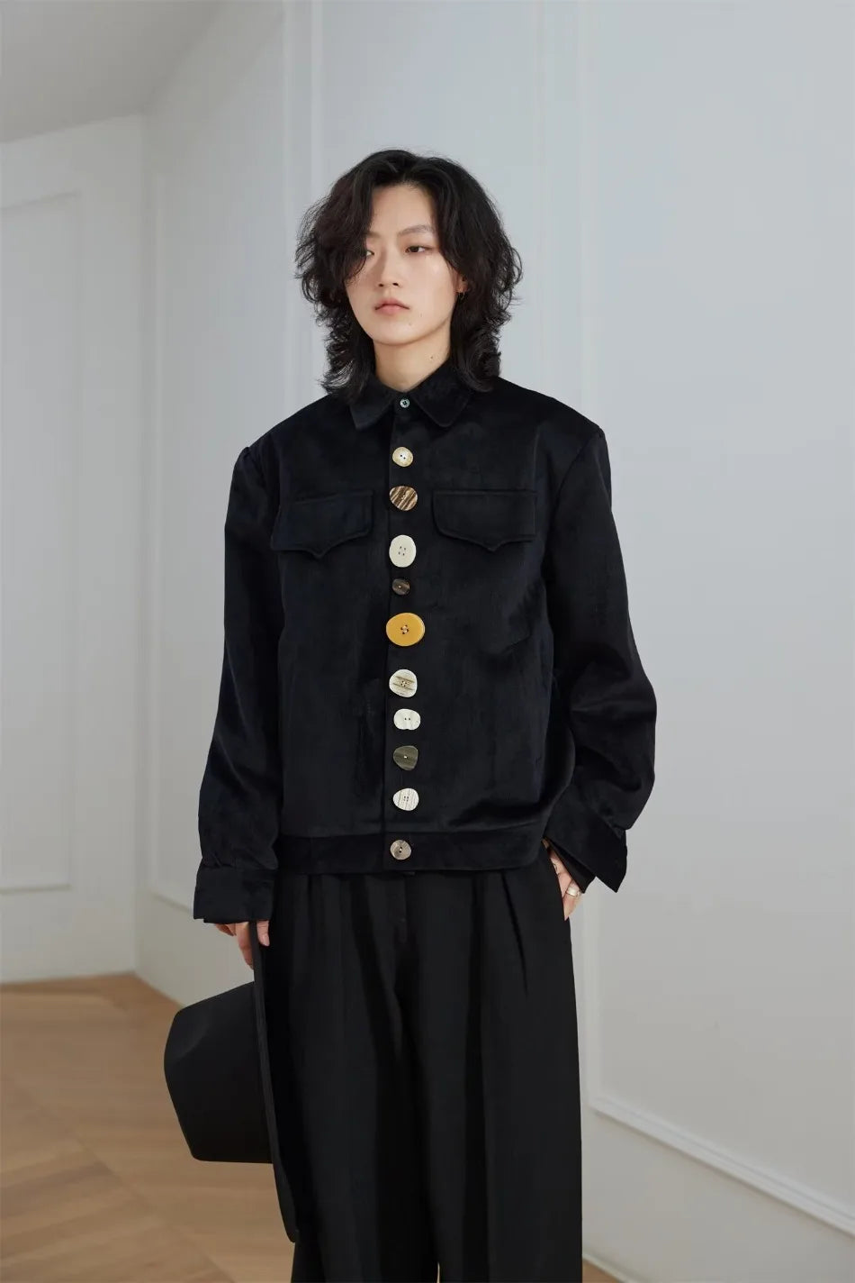 2024 new harajuku mens jacket multi button irregular black fashionable coats multiple pockets loose couple trend outwear y2k unique default style 3589