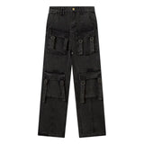 Men Black Baggy Jeans Washed Distressed Multi Pockets Cargo Pants American Retro Streetwear Casual Denim Trousers Unisex Street King Limited