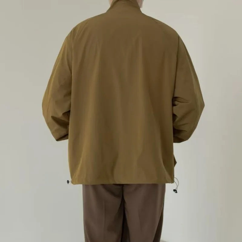 japanese spring jacket mens single breasted stand collar harajuku unisex coats solid big pocket drawstring casual men outwear unique default style 1879