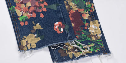 graffiti floral printed denim jean mens new casual zipper biker jeans fashion high street slim fit pants joggers hip hop jeans unique joggers style 551