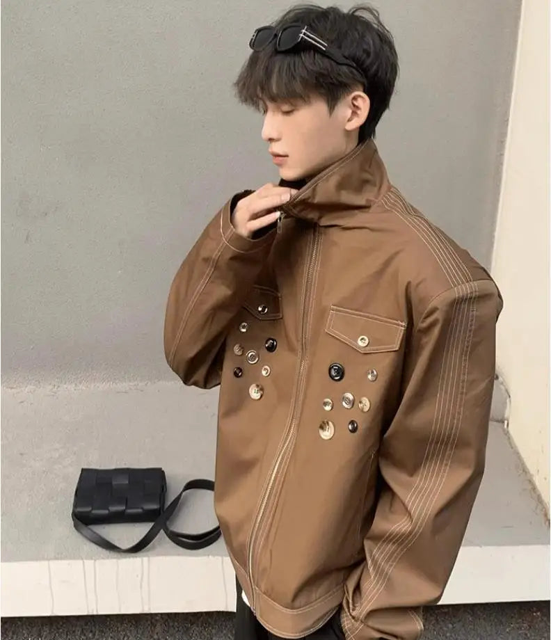 spring retro irregular button mens jacket shoulder pad design trend high street coats motorcycle fashion stand collar outwear unique default style 3868