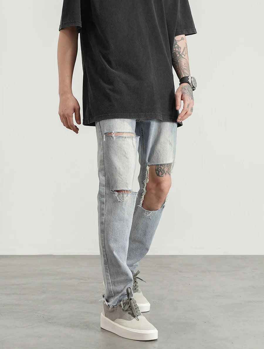 destroied big holes ripped denim jeans mens distressed biker jeans fashion high street slim straight pants streetwear joggers unique joggers style 359
