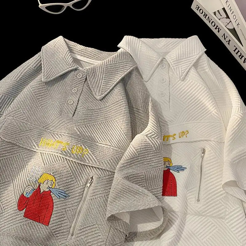 Korean waffle short-sleeved polo shirt with cartoon pattern summer jacquard collar t-shirt for men ins Hong Kong style loose top Street King Limited