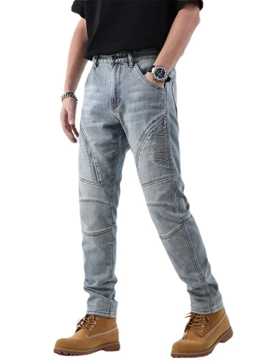 zipper hole patchwork pleated skinny denim jeans men casual slim fit biker trouser jeans fashion streetwear hip hop jean joggers casual joggers
