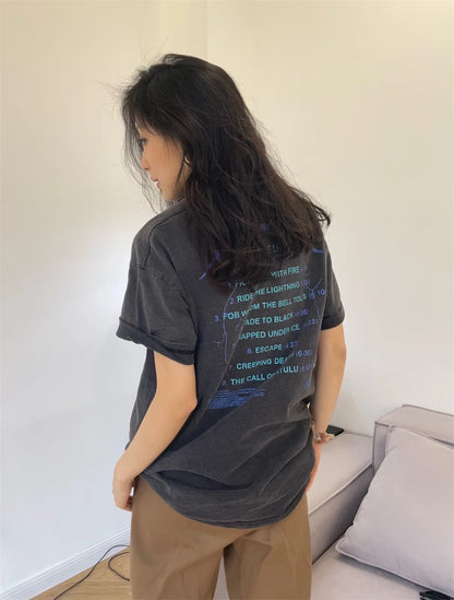 Summer Vintage High Street Wash Lightning Print T-shirt Vintage Heavy Metal Rock Band Short Sleeve Japanese Street Pure Cotton Street King Limited