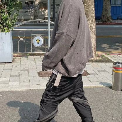 Undermycar 2023 New High Street Fashion Brand Worn Out Hole Large Loose Round Neck Sweater Brown Street King Limited
