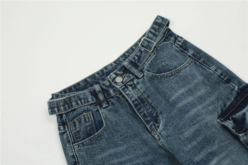 vintage multi pocket jeans mens harajuku cargo denim pants retro hip hop straight loose jean pants men clothing unique cargo style 597