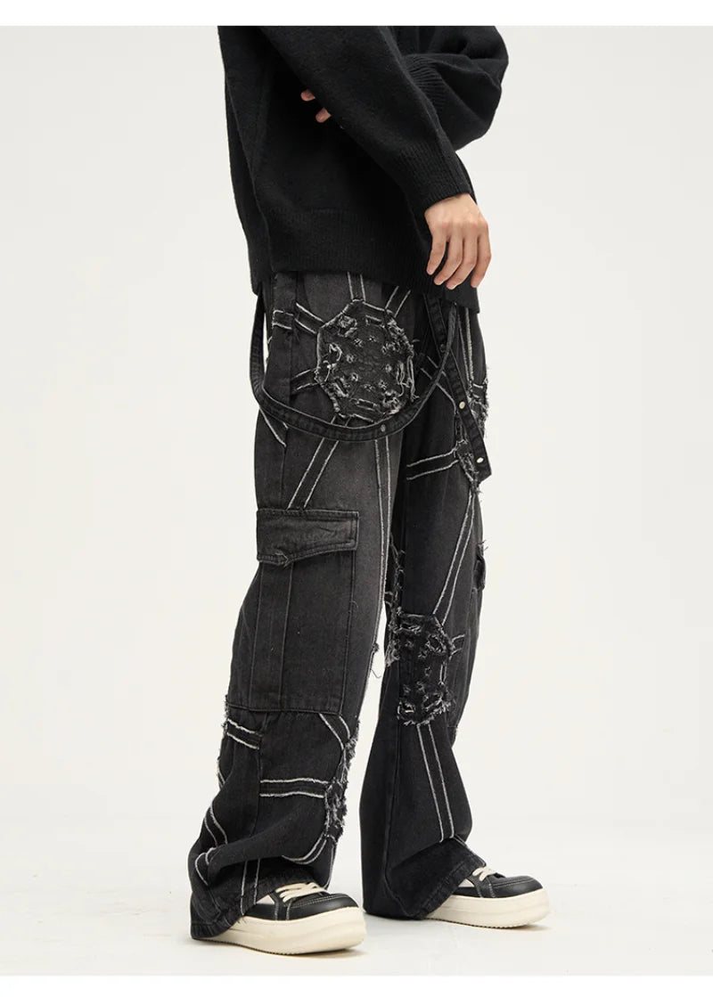 punk belt denim jeans pants women harajuku streetwear side pocket cotton men unisex casual baggy joggers straight pants trousers casual joggers