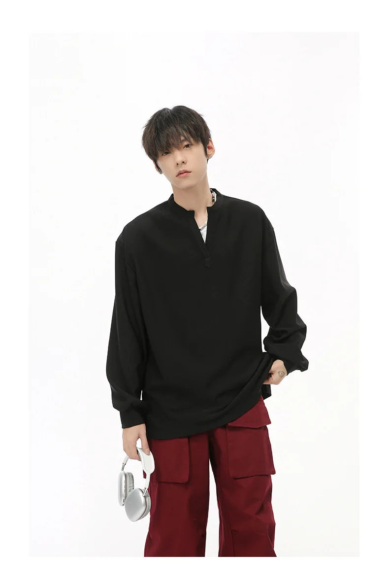 Men's  V-neck Long Sleeve T-Shirt Tops Clothing Autumn Korean Style Lazy Simple Solid Color Casual Pullover Bottoming Shirt Street King Limited