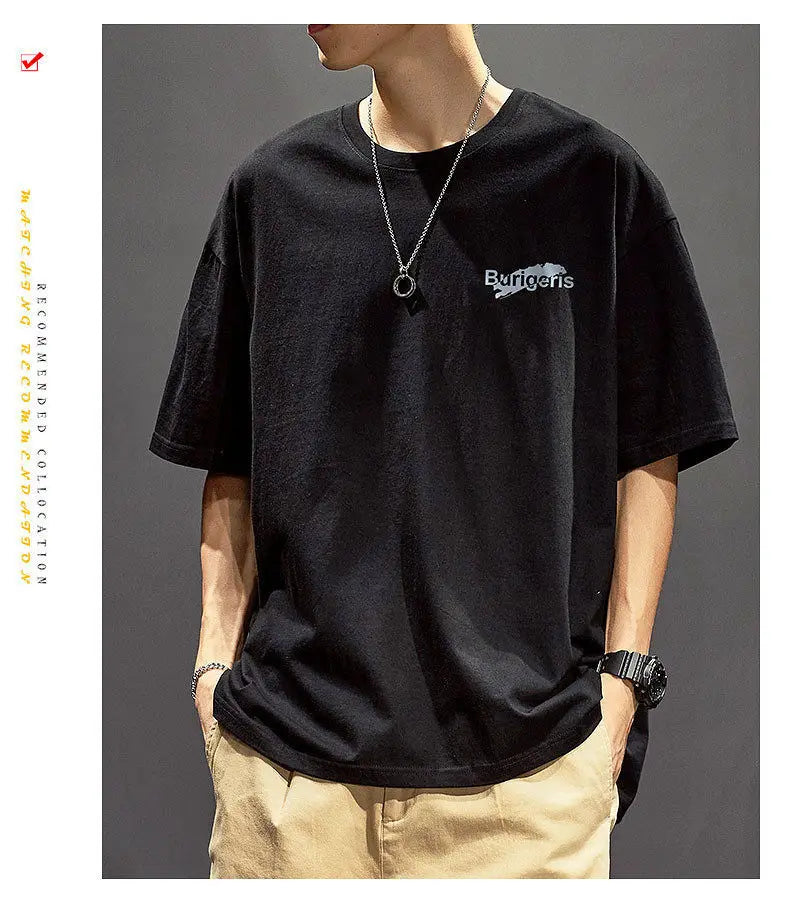 Cotton short-sleeved t-shirt men's ins trendy summer American hip-hop national trend printed loose youth white tops men clothing Street King Limited