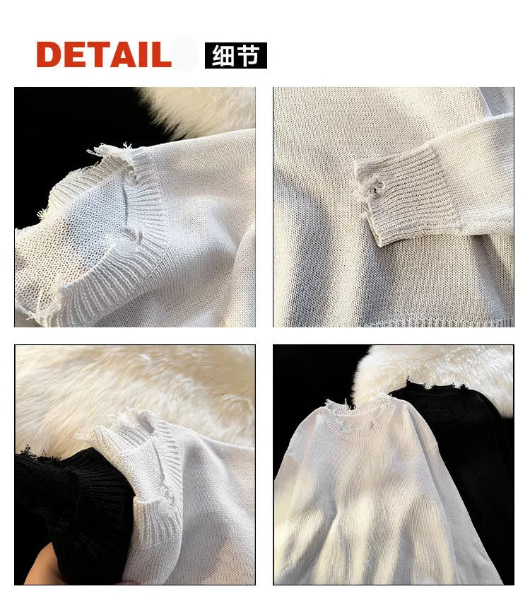 Men White Pullover Sweaters Ripped Harajuku Chic Couple O-neck Knitwear Casual Minimalist Long Sleeve Jumpers Homme Handsome Top Street King Limited