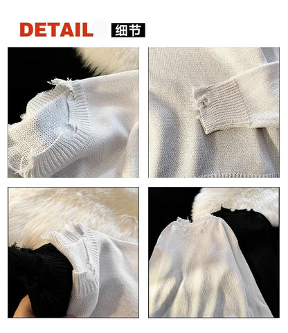Men White Pullover Sweaters Ripped Harajuku Chic Couple O-neck Knitwear Casual Minimalist Long Sleeve Jumpers Homme Handsome Top Street King Limited