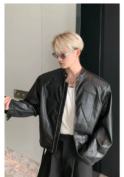 high street motorcycle pu leather jacket men hip hop trend shoulder padded coat street fashion stand collar zipper short outwear unique shorts style 1960